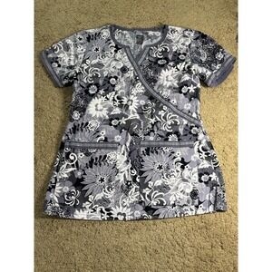 Med Couture Scrub Top Women Xsmall Floral Black and White Short Sleeve V-Neck